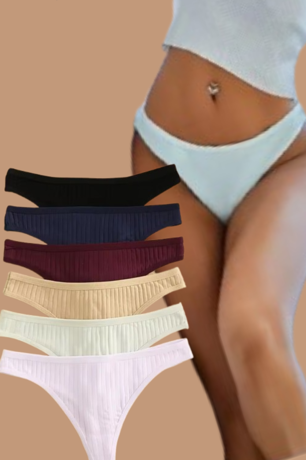 6PCS Low-Rise Thong Set – Soft, Ribbed, G-String Cotton Underwear