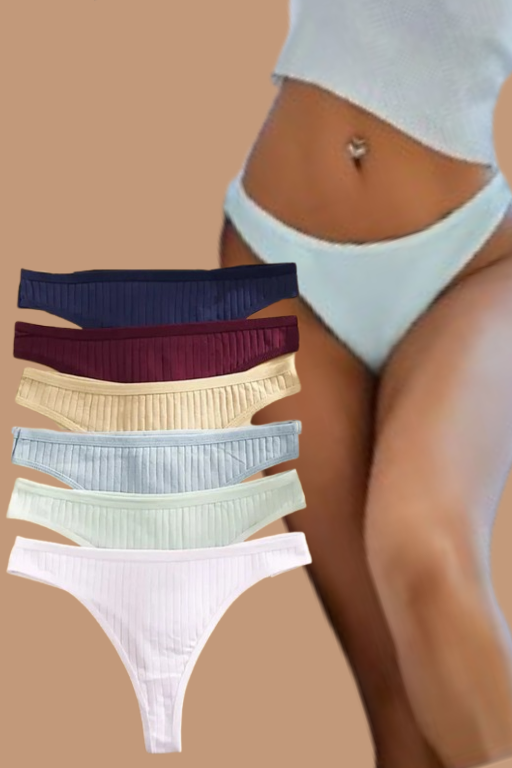6PCS Low-Rise Thong Set – Soft, Ribbed, G-String Cotton Underwear