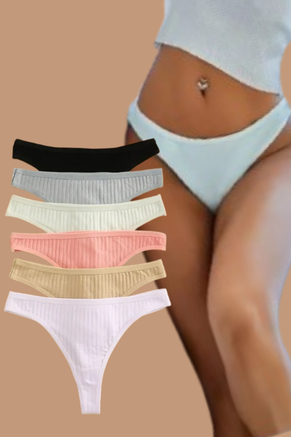 6PCS Low-Rise Thong Set – Soft, Ribbed, G-String Cotton Underwear
