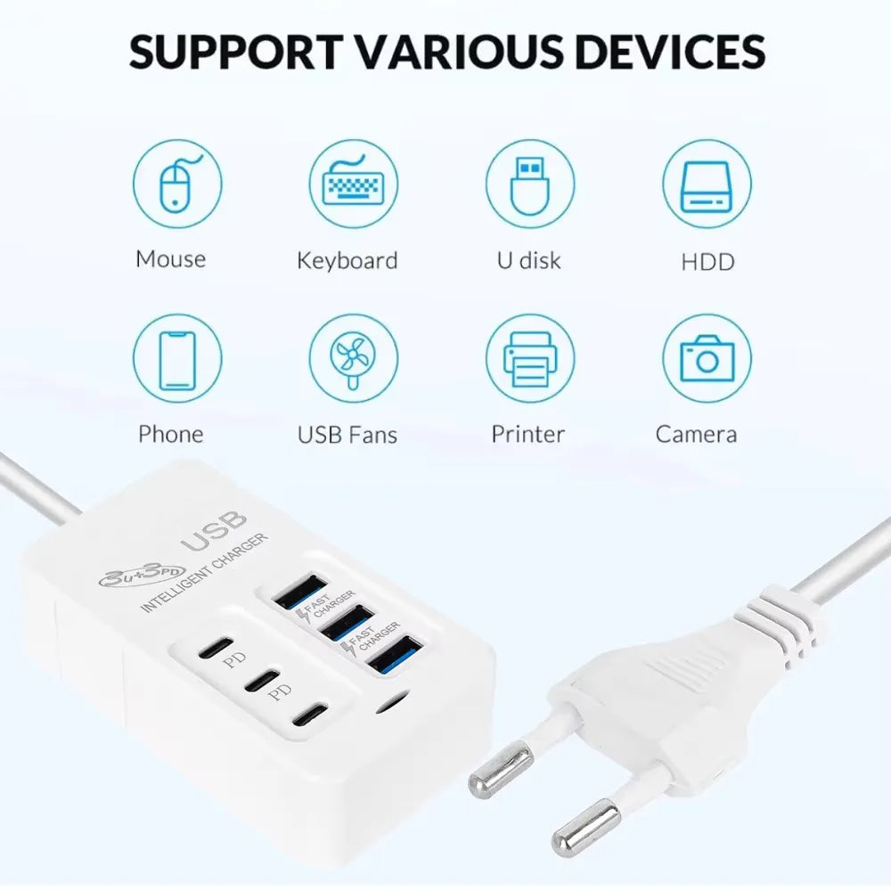 6-in-1 USB Wall Charger | 35W PD Fast Charging Hub with Type-C & QC 3.0 Ports