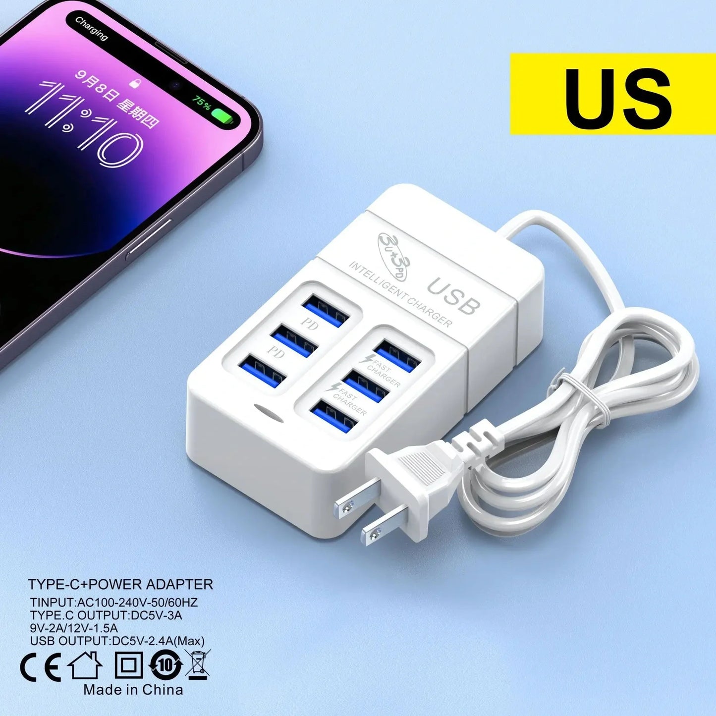 6-in-1 USB Wall Charger | 35W PD Fast Charging Hub with Type-C & QC 3.0 Ports