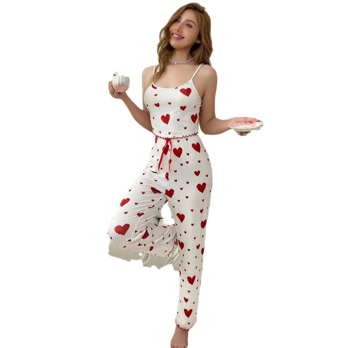 Casual Love Print Pajama Vest Set – Soft & Breathable Plus Size 2-Piece Sleepwear