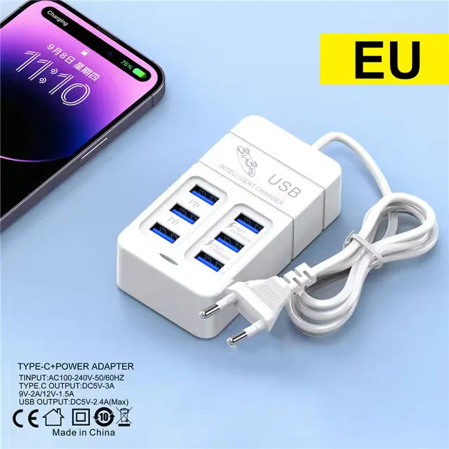 6-in-1 USB Wall Charger | 35W PD Fast Charging Hub with Type-C & QC 3.0 Ports