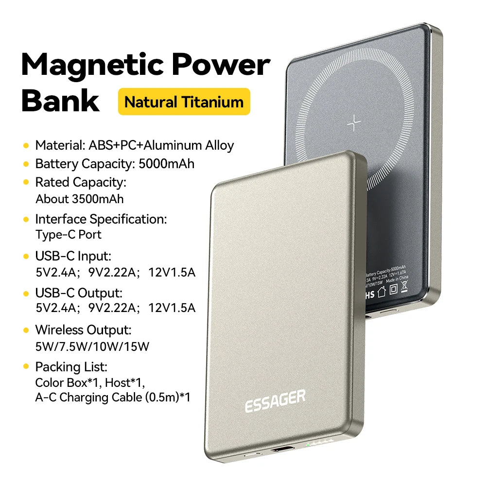 Essager 20W MagSafe Magnetic Wireless Power Bank – Ultra Slim 5000mAh Fast Charger for iPhone 16/15/14/13