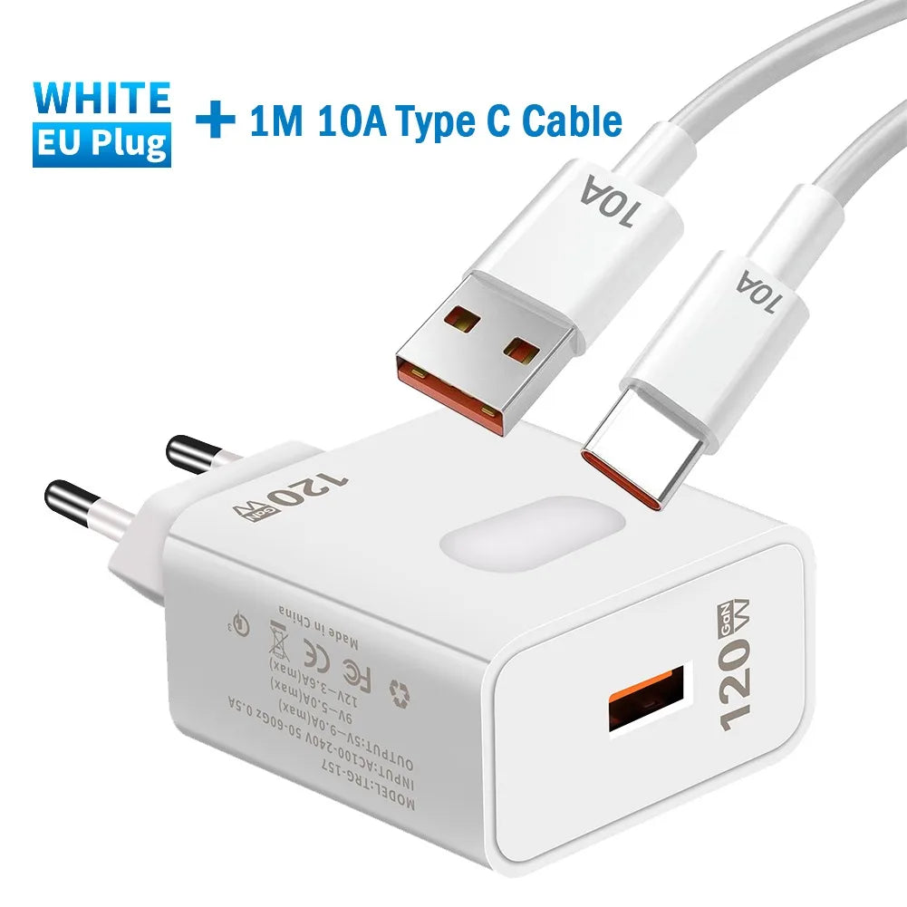 120W GaN USB Fast Charger with Type-C Cable – Quick Charge 3.0 Adapter for iPhone, Samsung, Xiaomi, Huawei