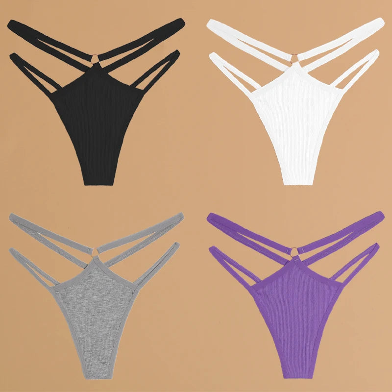 4Pcs Double Belt Thongs Panty Set – Cotton , Low Waist, Breathable Comfort Underwear For Women