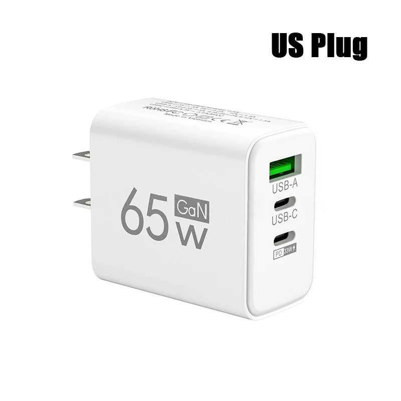 65W GaN Fast Charger USB-C PD 3.0 Quick Charge Adapter for iPhone /Samsung/Xiaomi