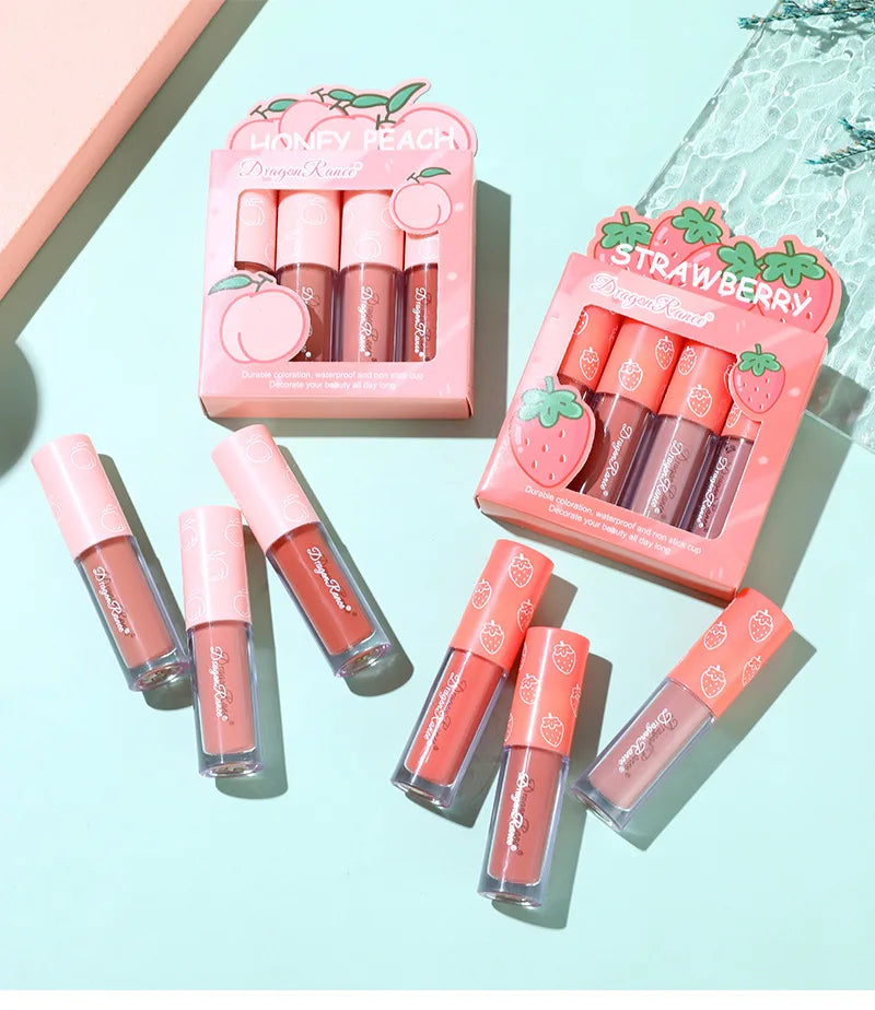 Mini Velvet Matte Lip Gloss 4Pcs Set – Long-Lasting, Non-Stick & Fruit Scented
