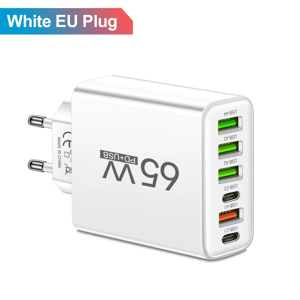 65W 6-in-1 Fast Charger – 4 USB & 2 Type-C Quick Charge Adapter for iPhone Samsung Xiaomi