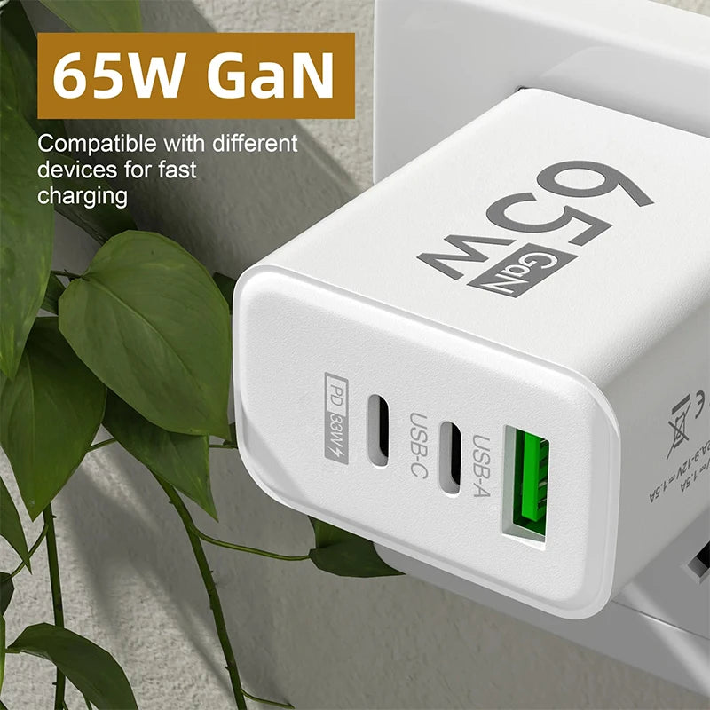 65W GaN Fast Charger USB-C PD 3.0 Quick Charge Adapter for iPhone /Samsung/Xiaomi