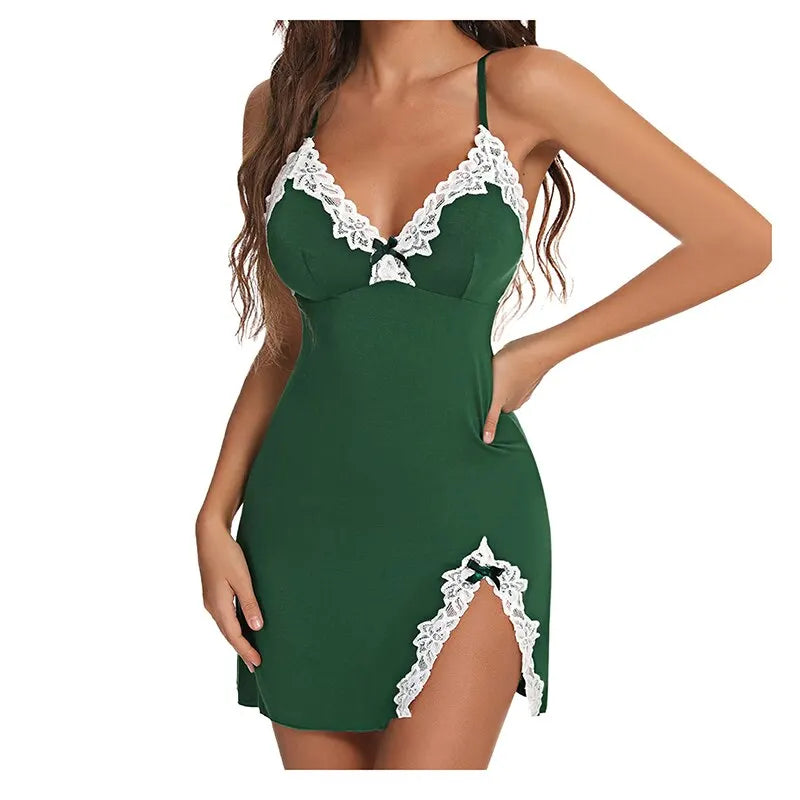 Romantic Lace-Trimmed Satin V-Neck Nightdress – Deep V-Neck Sleepwear