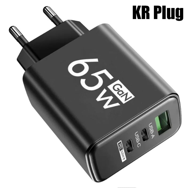 65W GaN Fast Charger USB-C PD 3.0 Quick Charge Adapter for iPhone /Samsung/Xiaomi