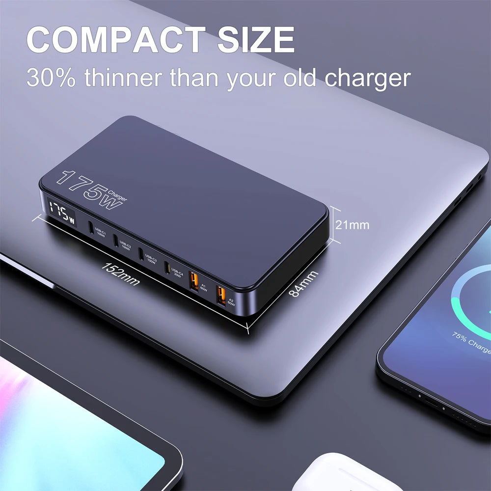 Ueetop 175W GaN USB-C Charger with LED Display – 6-Port PD Fast Charging Hub for MacBook, iPhone, Samsung , Laptop, Tablet and All Devices