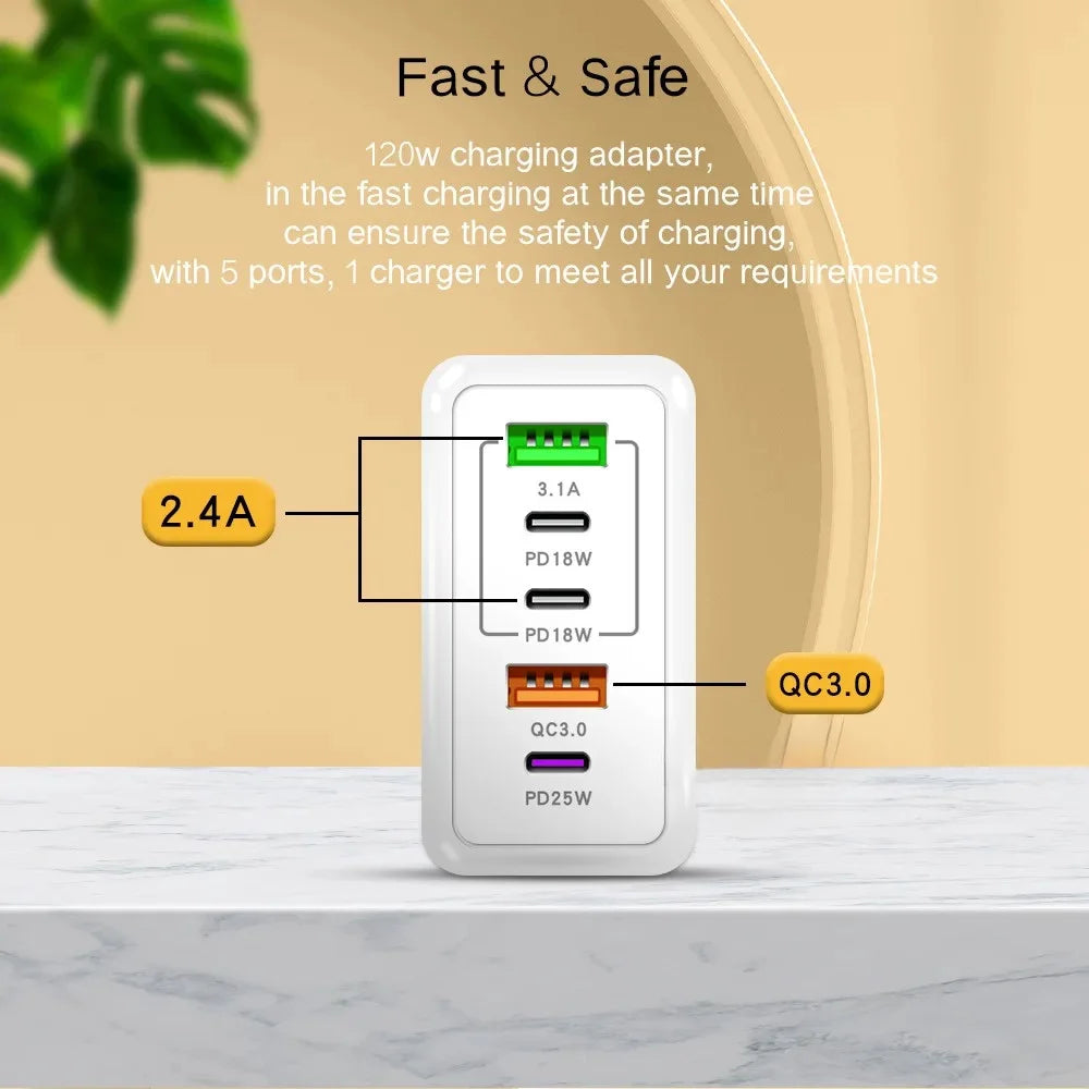 Type-C 120W USB Wall Charger 5 Ports Fast Charging Adapter | Rapid Charging for iPhone, Android & More