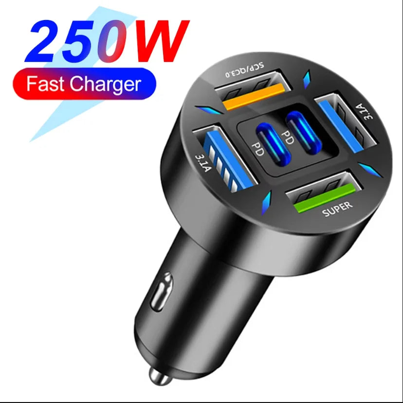 250W PD Car Charger with QC3.0 Fast Charge – 2 to 6 Port Lighter Adapter with Digital Display