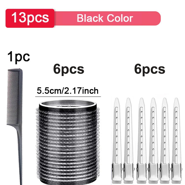 13pcs Black Self Grip Hair Rollers – No Heat, Effortless Curls!