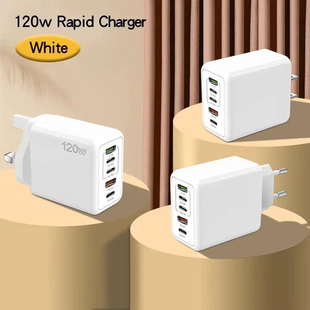 Type-C 120W USB Wall Charger 5 Ports Fast Charging Adapter | Rapid Charging for iPhone, Android & More