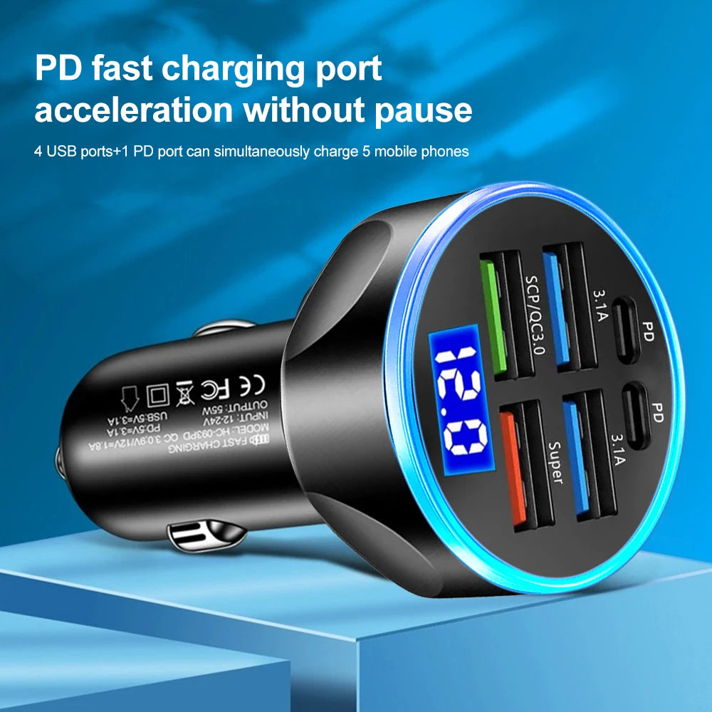 250W PD Car Charger with QC3.0 Fast Charge – 2 to 6 Port Lighter Adapter with Digital Display