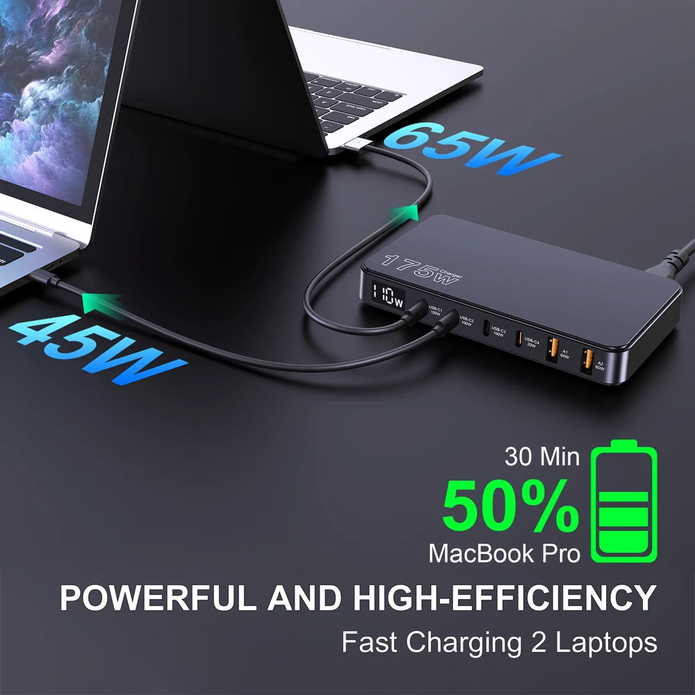 Ueetop 175W GaN USB-C Charger with LED Display – 6-Port PD Fast Charging Hub for MacBook, iPhone, Samsung , Laptop, Tablet and All Devices