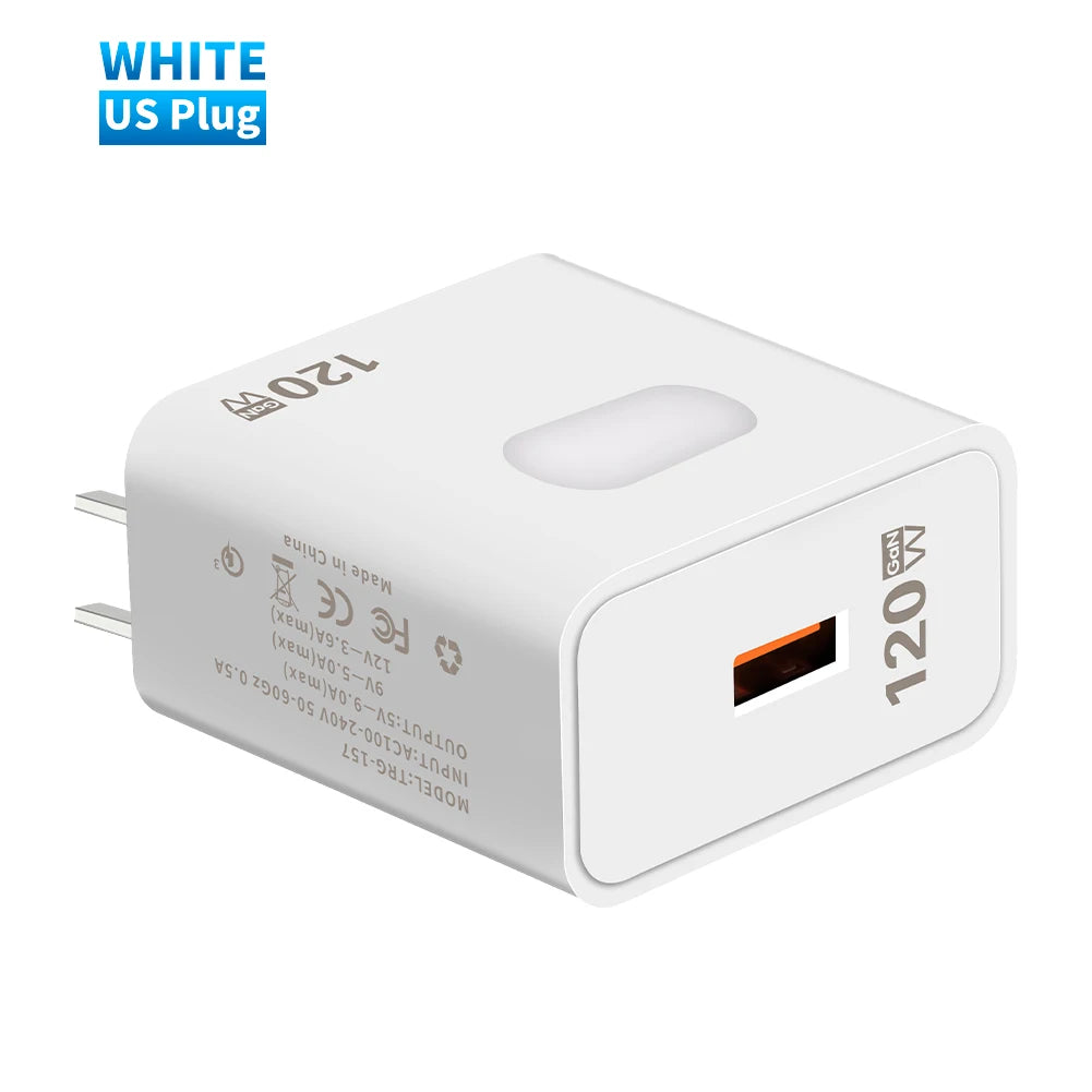 120W GaN USB Fast Charger with Type-C Cable – Quick Charge 3.0 Adapter for iPhone, Samsung, Xiaomi, Huawei