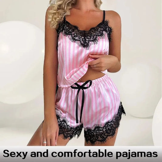 Elegant Lace V-Neck Pajama Set – Camisole Top and Shorts Sleepwear