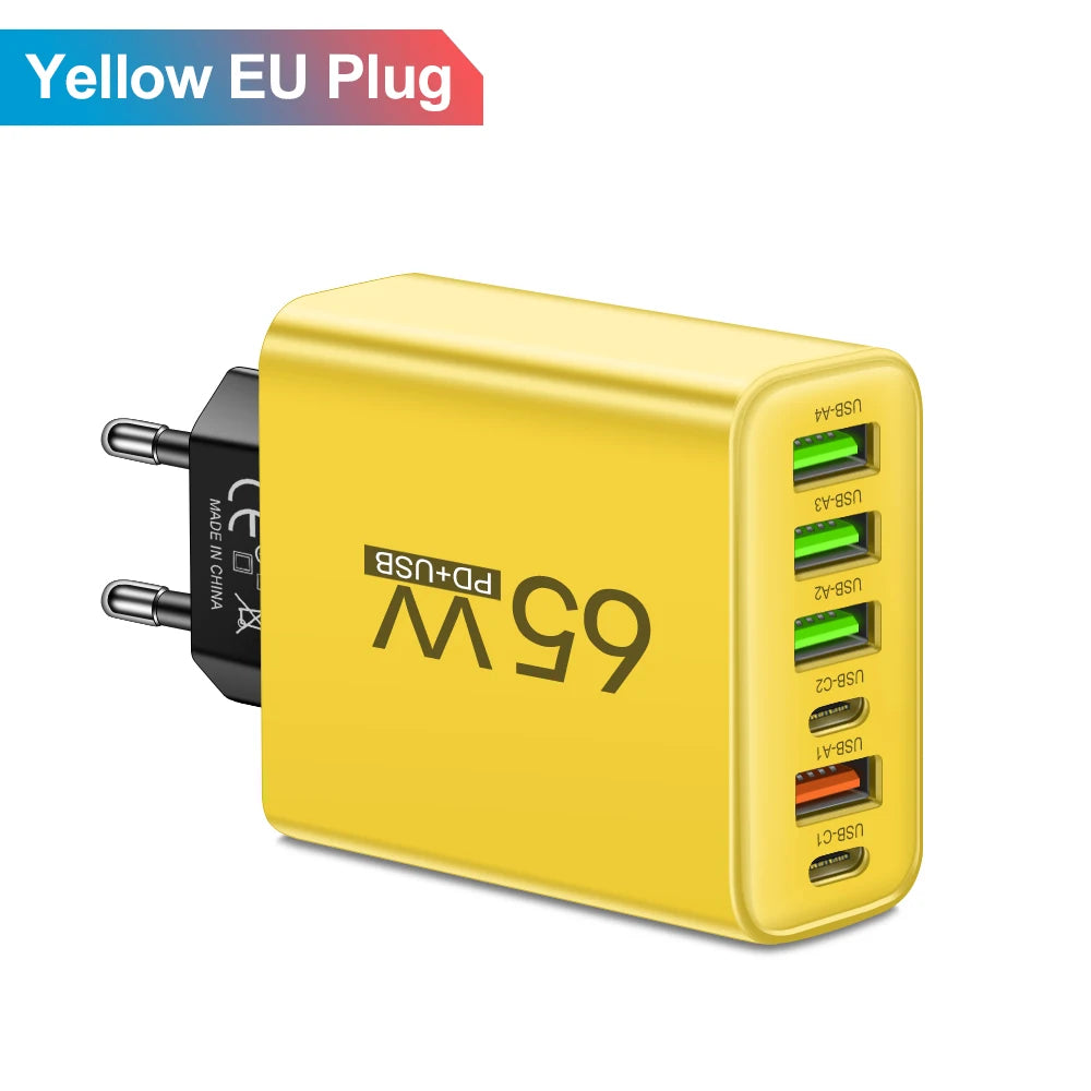 65W 6-in-1 Fast Charger – 4 USB & 2 Type-C Quick Charge Adapter for iPhone Samsung Xiaomi