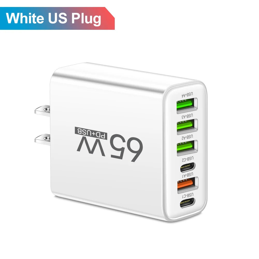 65W 6-in-1 Fast Charger – 4 USB & 2 Type-C Quick Charge Adapter for iPhone Samsung Xiaomi