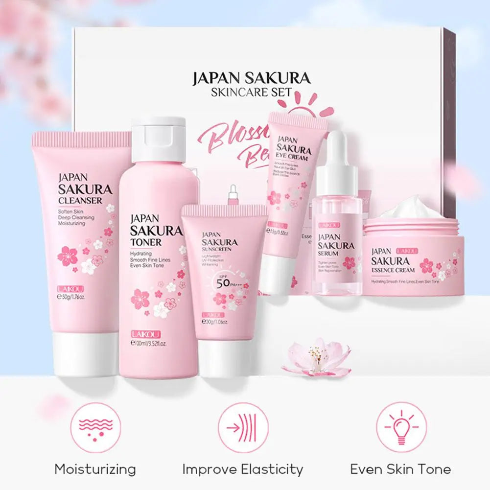 6PCS Sakura Skin Care Gift Set – Face Cream, Serum, Toner & More for Glowing Skin