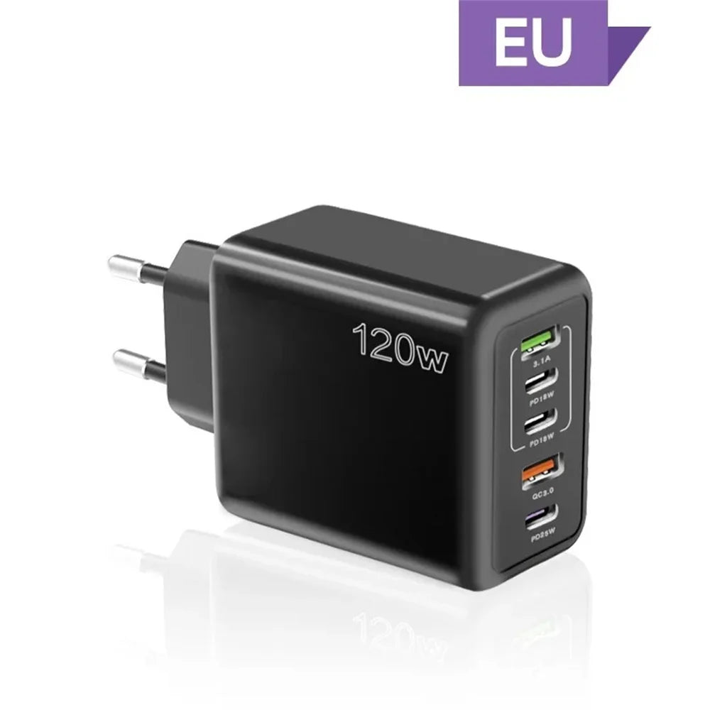 Type-C 120W USB Wall Charger 5 Ports Fast Charging Adapter | Rapid Charging for iPhone, Android & More