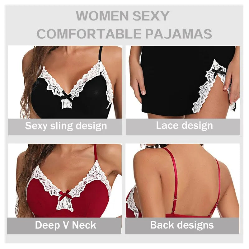 Romantic Lace-Trimmed Satin V-Neck Nightdress – Deep V-Neck Sleepwear
