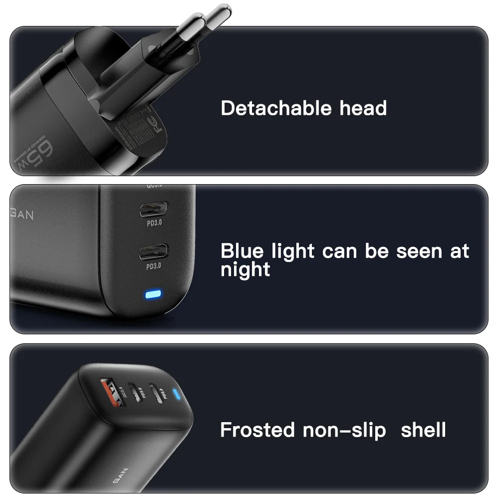 Essager 65W GaN USB C Fast Charger 3-Port Wall Charger Block For MacBook, iPad, iPhone Series, Galaxy Series, Laptops, Game Consoles and More