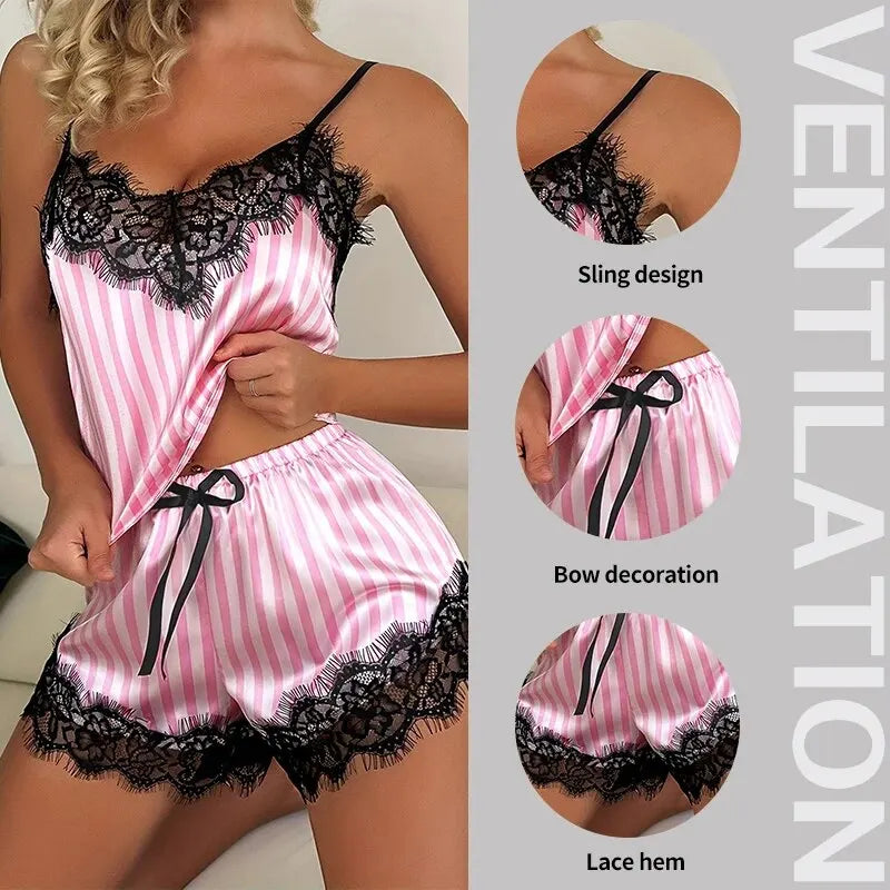 Elegant Lace V-Neck Pajama Set – Camisole Top and Shorts Sleepwear