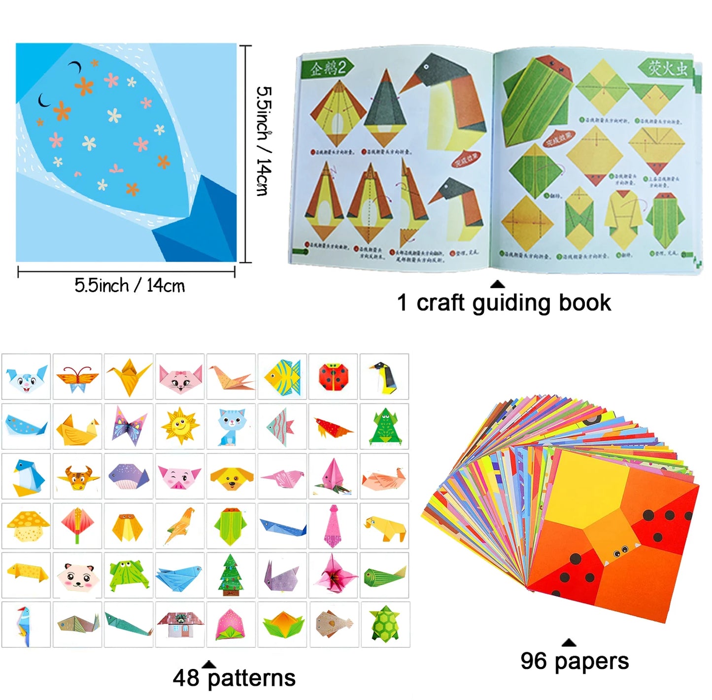 Origami Paper Craft Kit for Kids – DIY Paper Folding Set with Book & 30/96 Sheets