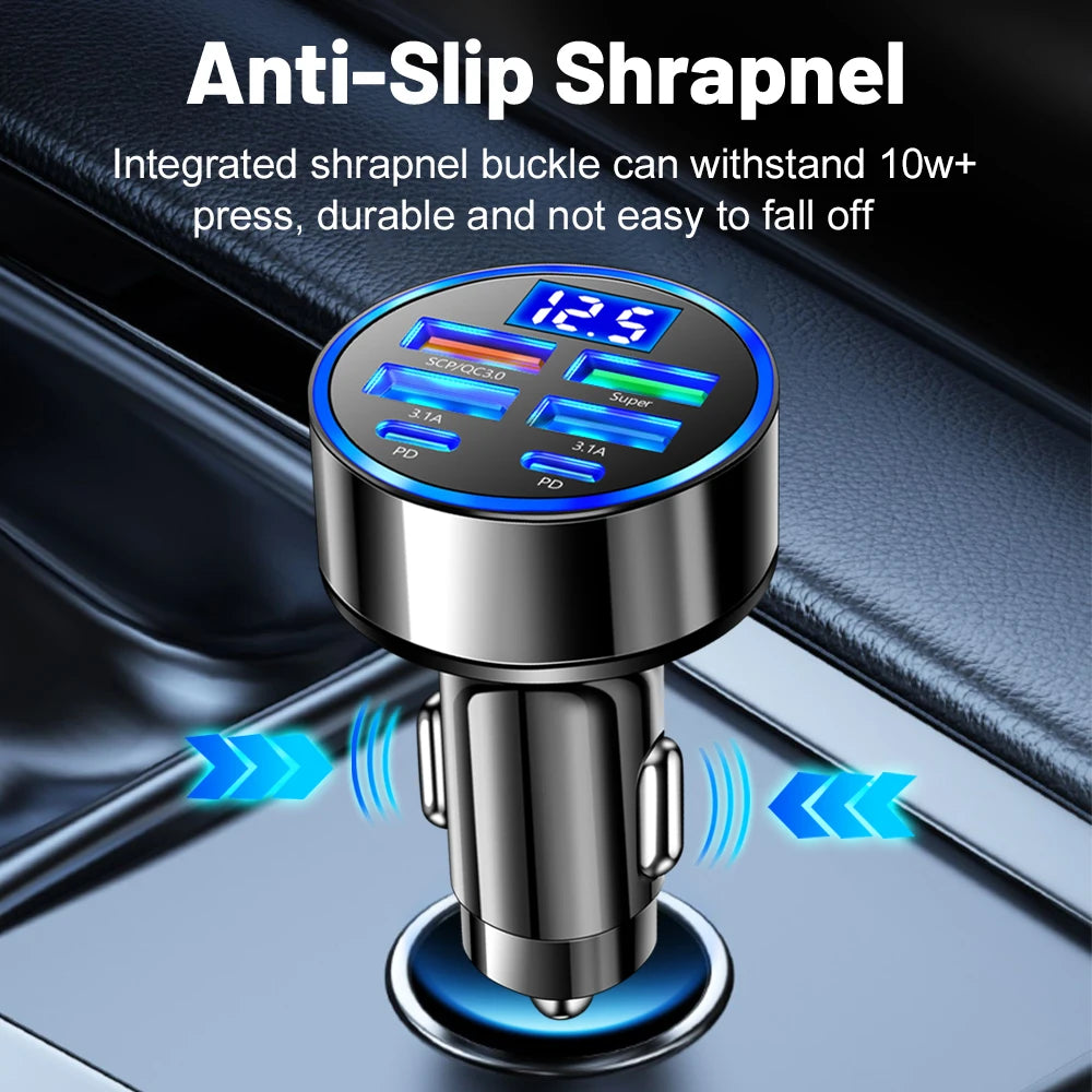 100W 6-Port Car Charger | Fast PD QC3.0 USB-C Adapter for iPhone Samsung Xiaomi Huawei