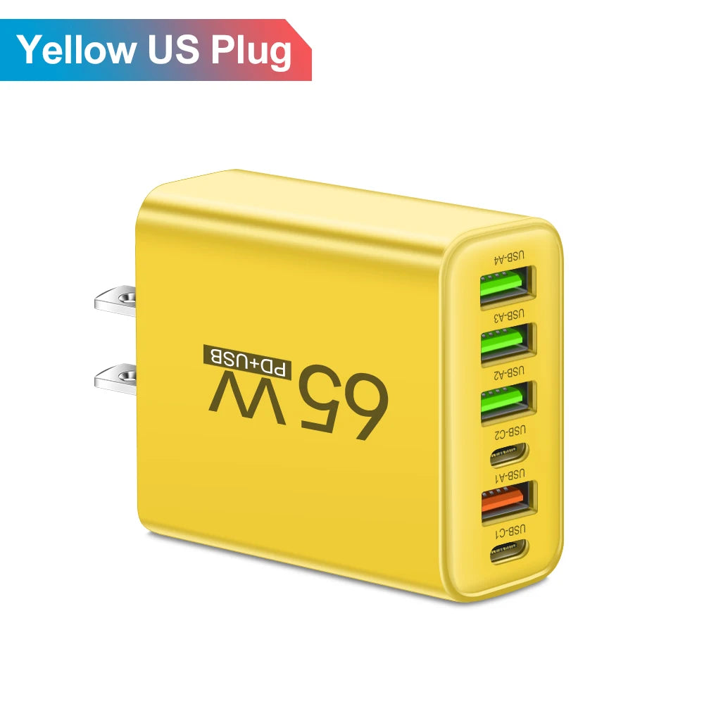 65W 6-in-1 Fast Charger – 4 USB & 2 Type-C Quick Charge Adapter for iPhone Samsung Xiaomi