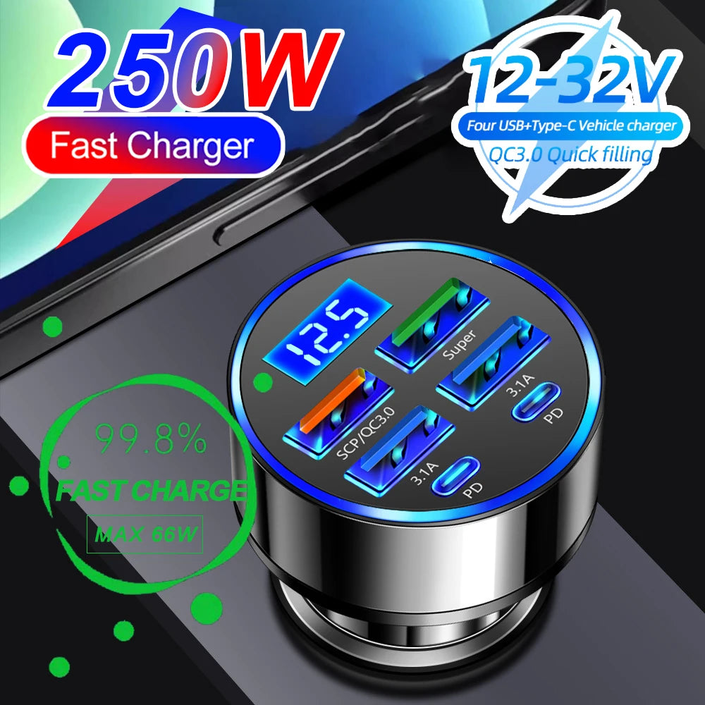 250W PD Car Charger with QC3.0 Fast Charge – 2 to 6 Port Lighter Adapter with Digital Display