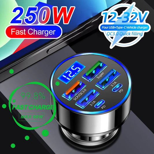 250W PD Car Charger with QC3.0 Fast Charge – 2 to 6 Port Lighter Adapter with Digital Display