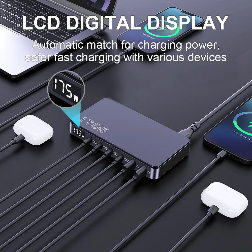 Ueetop 175W GaN USB-C Charger with LED Display – 6-Port PD Fast Charging Hub for MacBook, iPhone, Samsung , Laptop, Tablet and All Devices