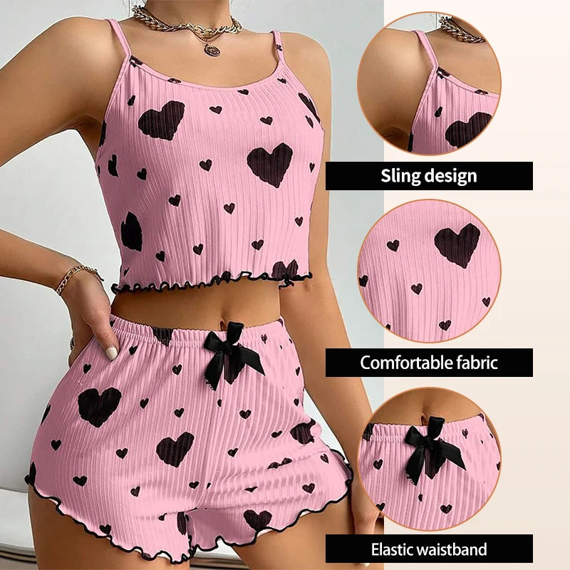 Women's 2-Piece Tank Top & Shorts Set – Love Print Sleepwear for Women