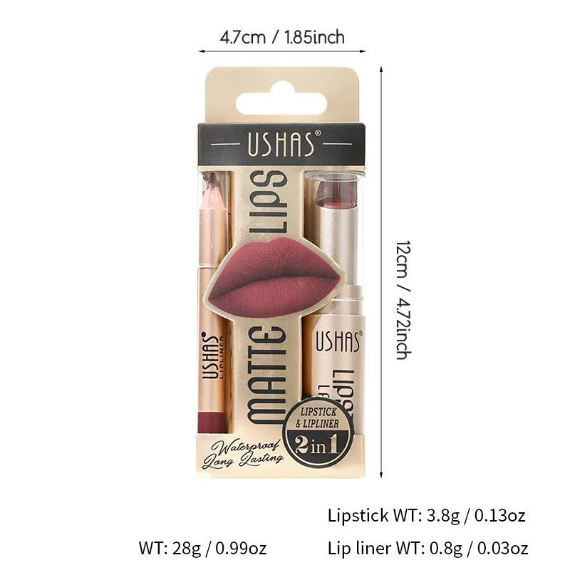 USHAS 12-Color Lip Liner & Lipstick Set – Matte, Long-Lasting & Easy to Apply