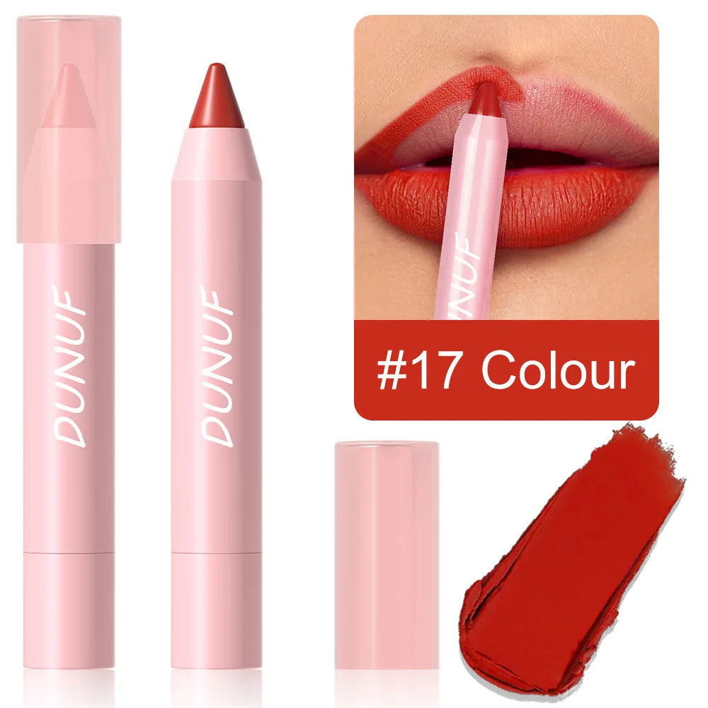 18-Color Waterproof Lipstick Pencil – Matte, Long-Lasting & Non-Stick Cup