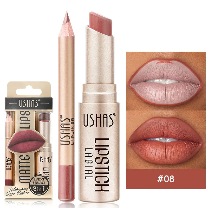 USHAS 12-Color Lip Liner & Lipstick Set – Matte, Long-Lasting & Easy to Apply