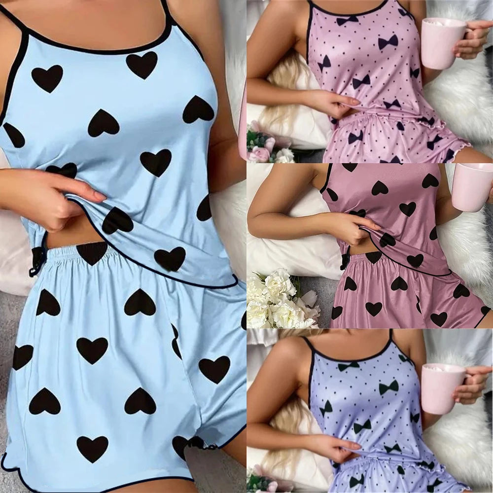 Chic Heart Print T-Shirts Shorts Set – Cool & Comfy Nightwear