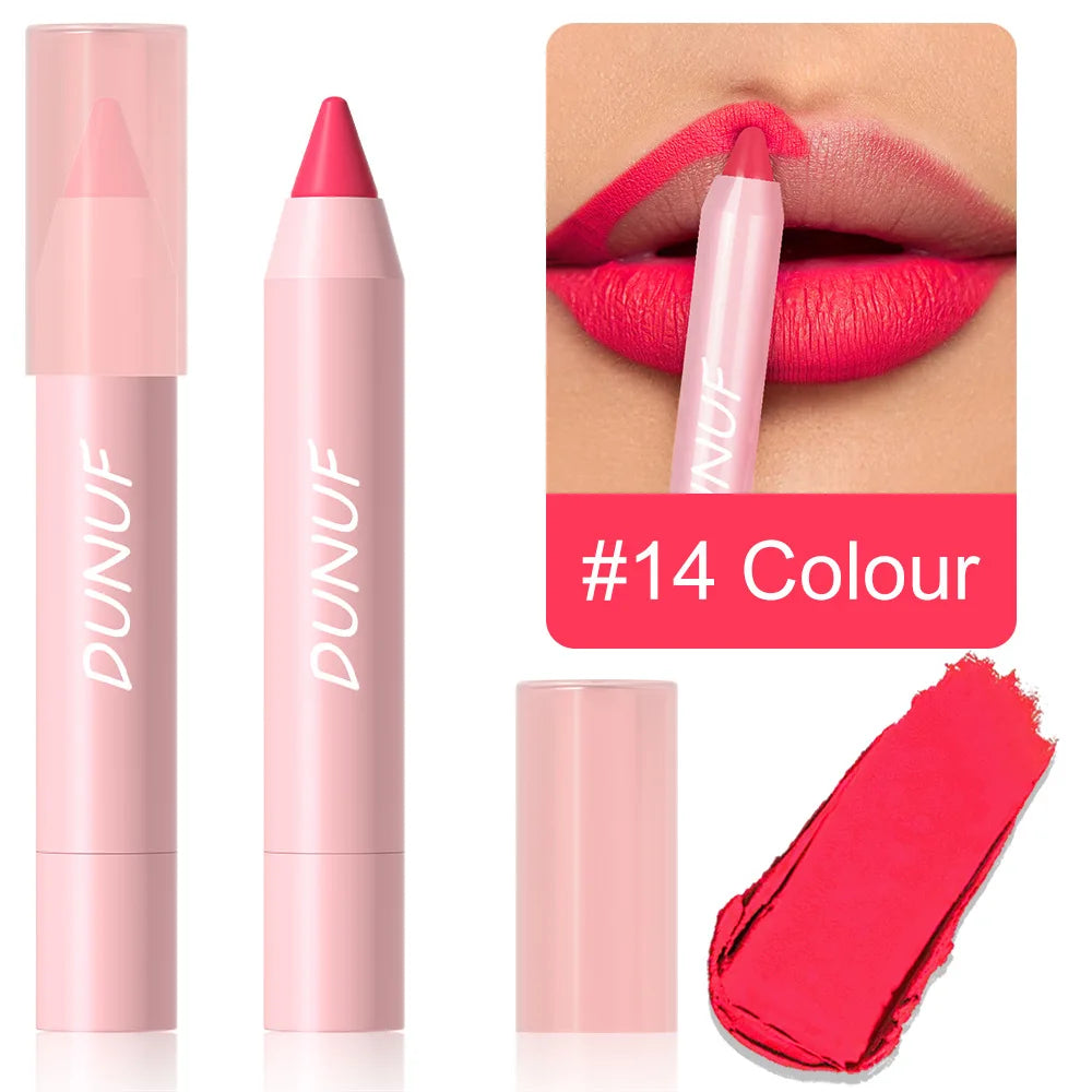 18-Color Waterproof Lipstick Pencil – Matte, Long-Lasting & Non-Stick Cup