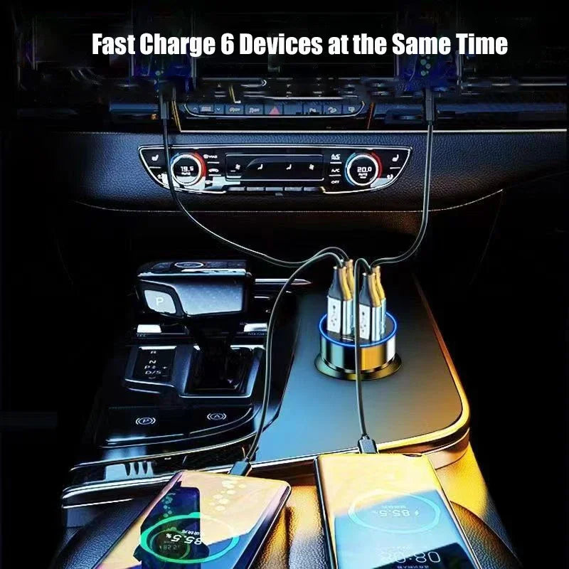 6-in-1 USB-C 350W Super Fast Car Charger with Voltage Display & Dual PD Fast Charging for iPhone/Samsung/More