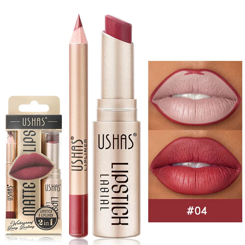 USHAS 12-Color Lip Liner & Lipstick Set – Matte, Long-Lasting & Easy to Apply