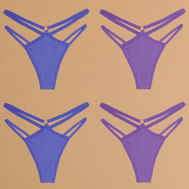 4Pcs Double Belt Thongs Panty Set – Cotton , Low Waist, Breathable Comfort Underwear For Women