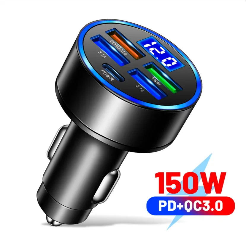 250W PD Car Charger with QC3.0 Fast Charge – 2 to 6 Port Lighter Adapter with Digital Display