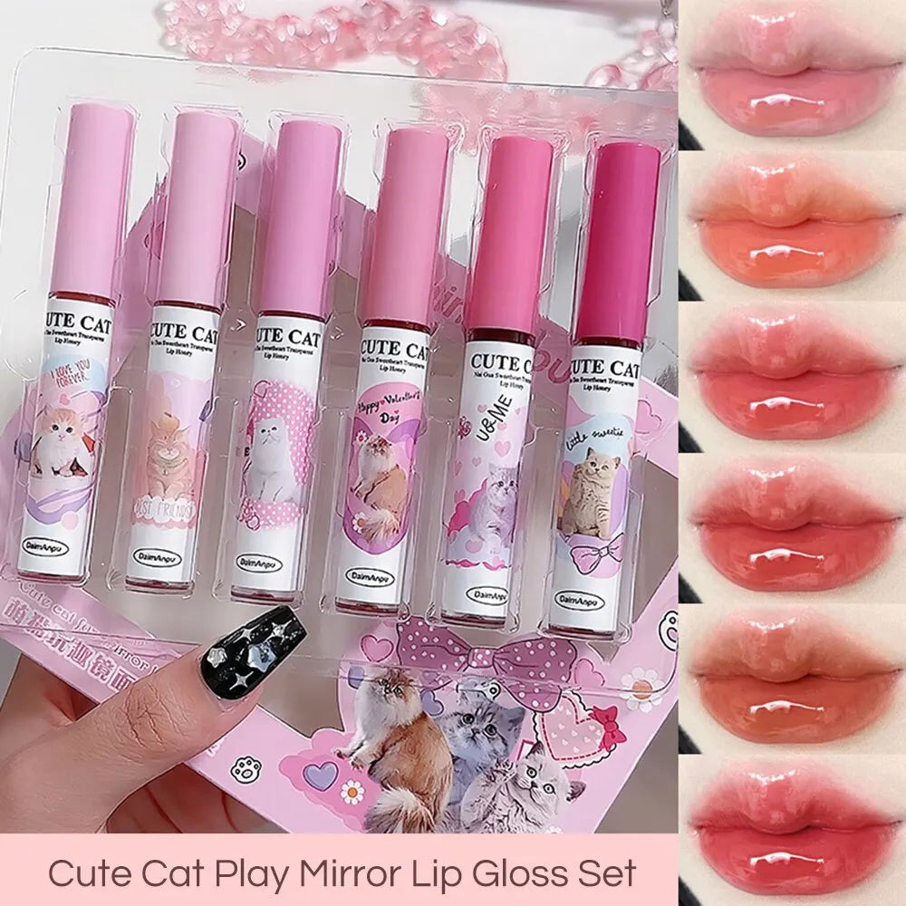 π± Cute Cat Mirror Lip Glaze 6pc Set β Vibrant Shades for Glossy, Hydrated Lips!