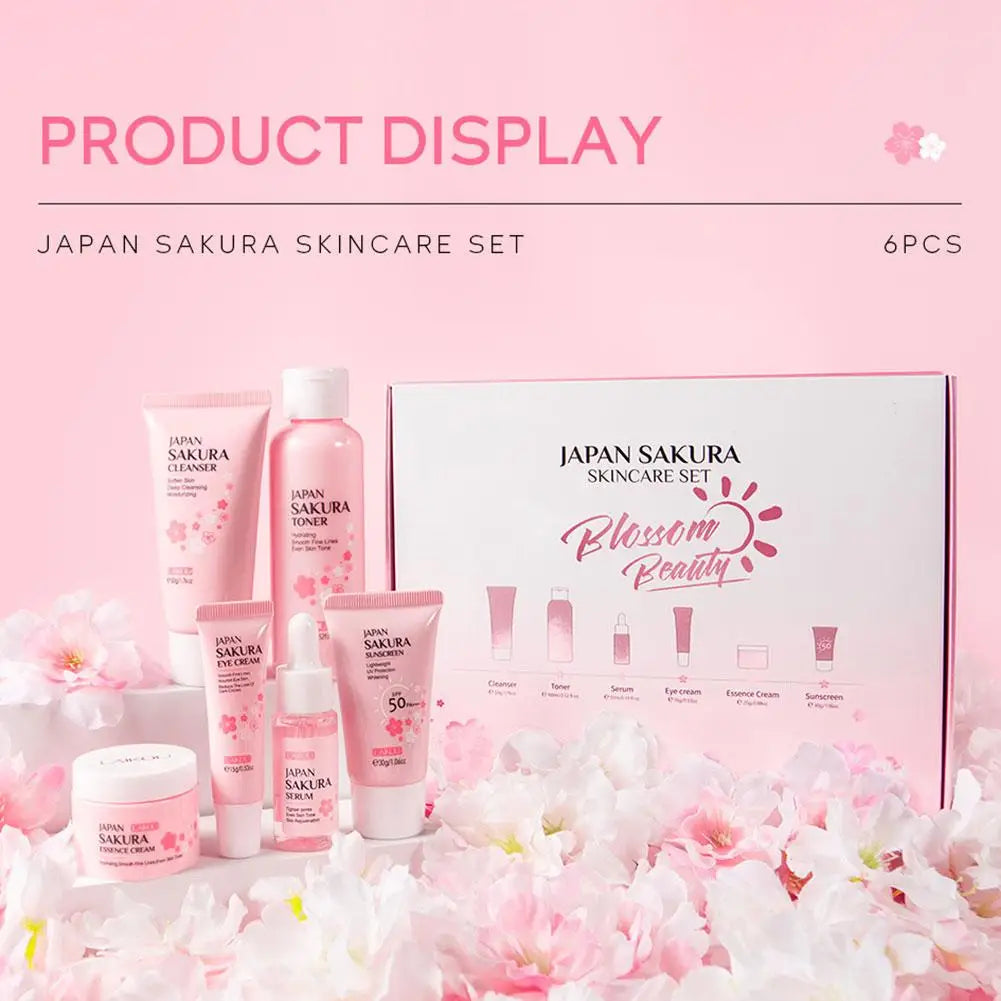 6PCS Sakura Skin Care Gift Set – Face Cream, Serum, Toner & More for Glowing Skin